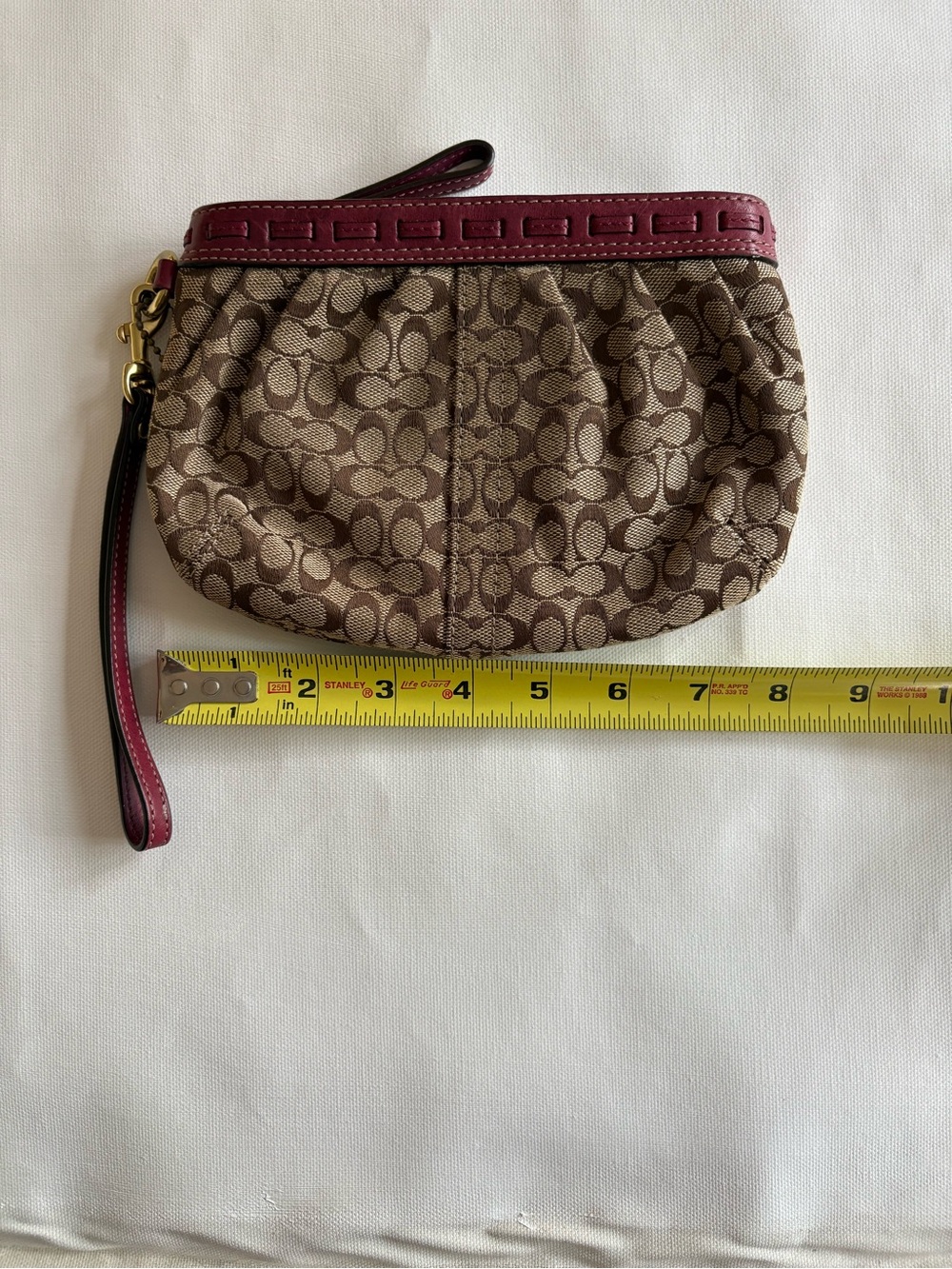 Coach Brown Signature Canvas Wristlet with Burgundy Trim